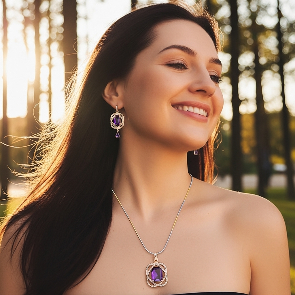 Women Necklace Set Purple Pendant Crystals   