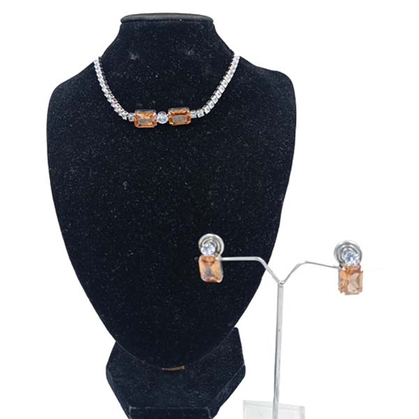 Women Choker Necklace Set. Orange Colour Crystals Pendant 
