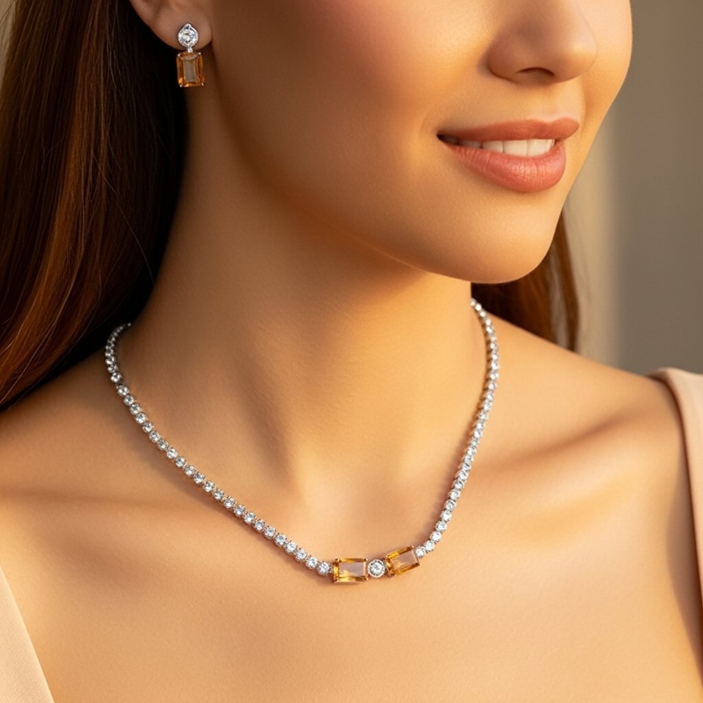 Women Choker Necklace Set. Orange Colour Crystals Pendant 