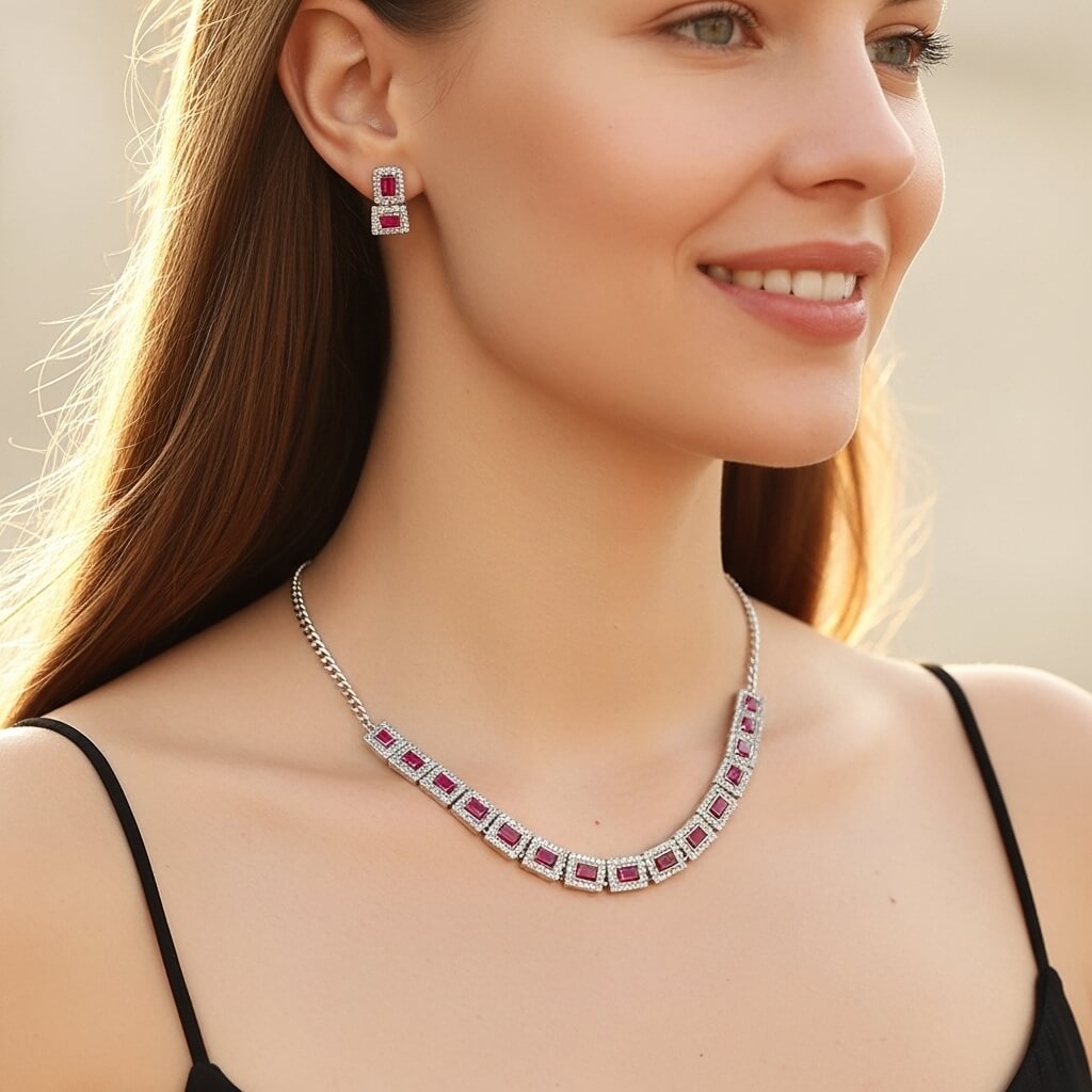 Women Fashionable Necklace Set with Pink Gem Stone