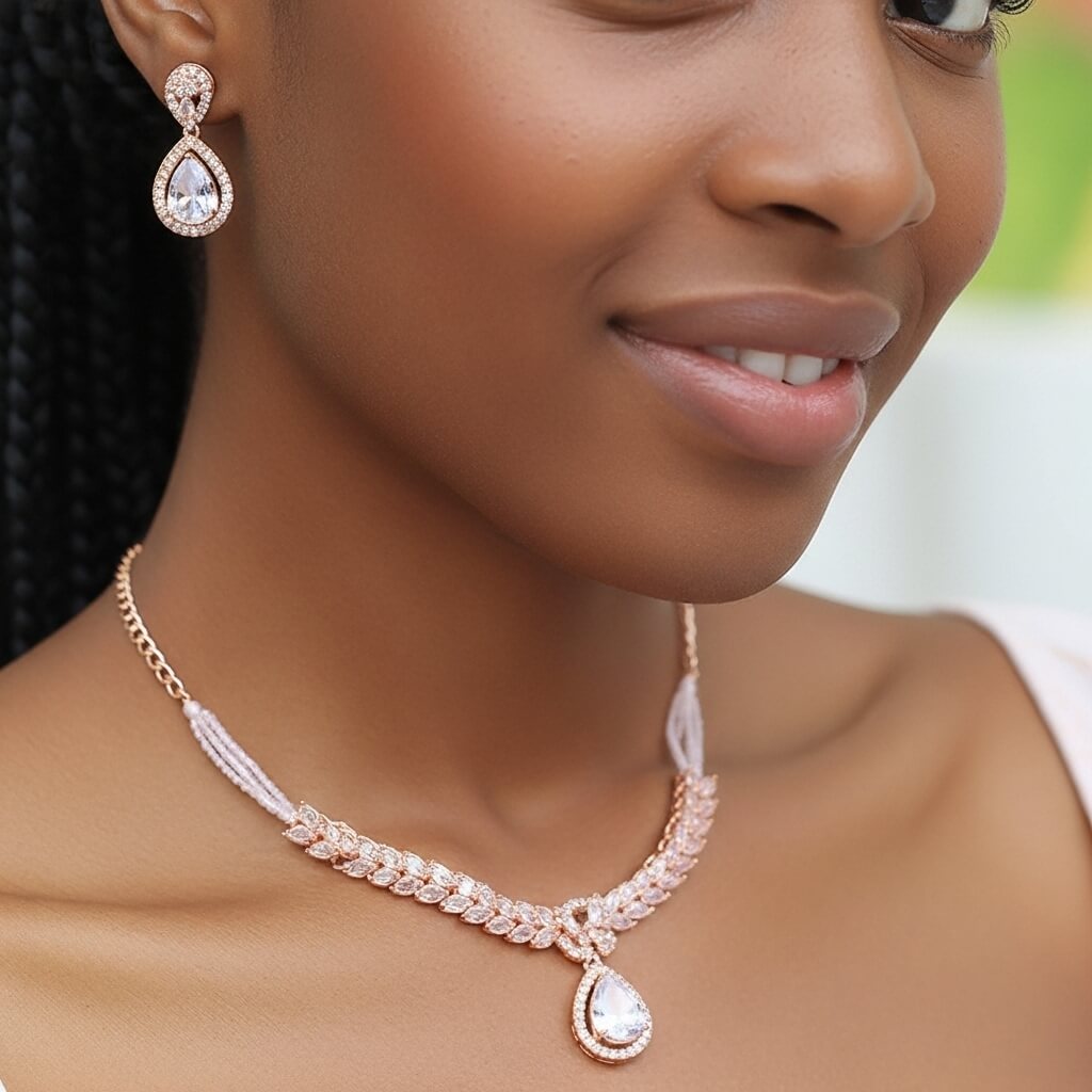 Women Necklace Set Crystals stone on golden with light pink bread and Chain Necklace