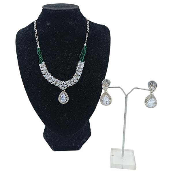 Women Necklace Set Crystals stone on Silver  with Green bread and Chain Necklace 