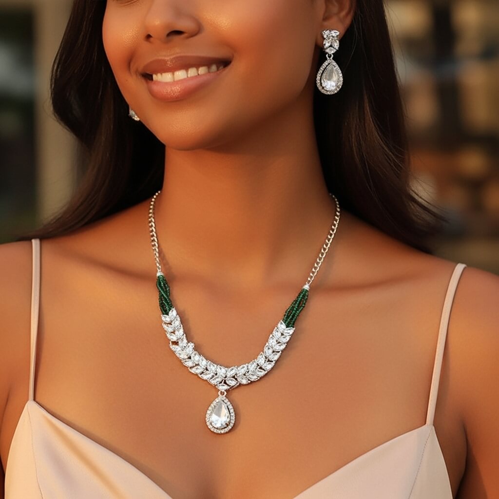 Women Necklace Set Crystals stone on Silver  with Green bread and Chain Necklace 