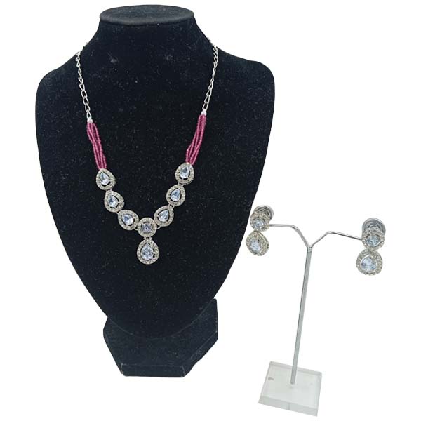 Women Necklace Set Crystals stone on Silver with Pink bread and Chain Necklace