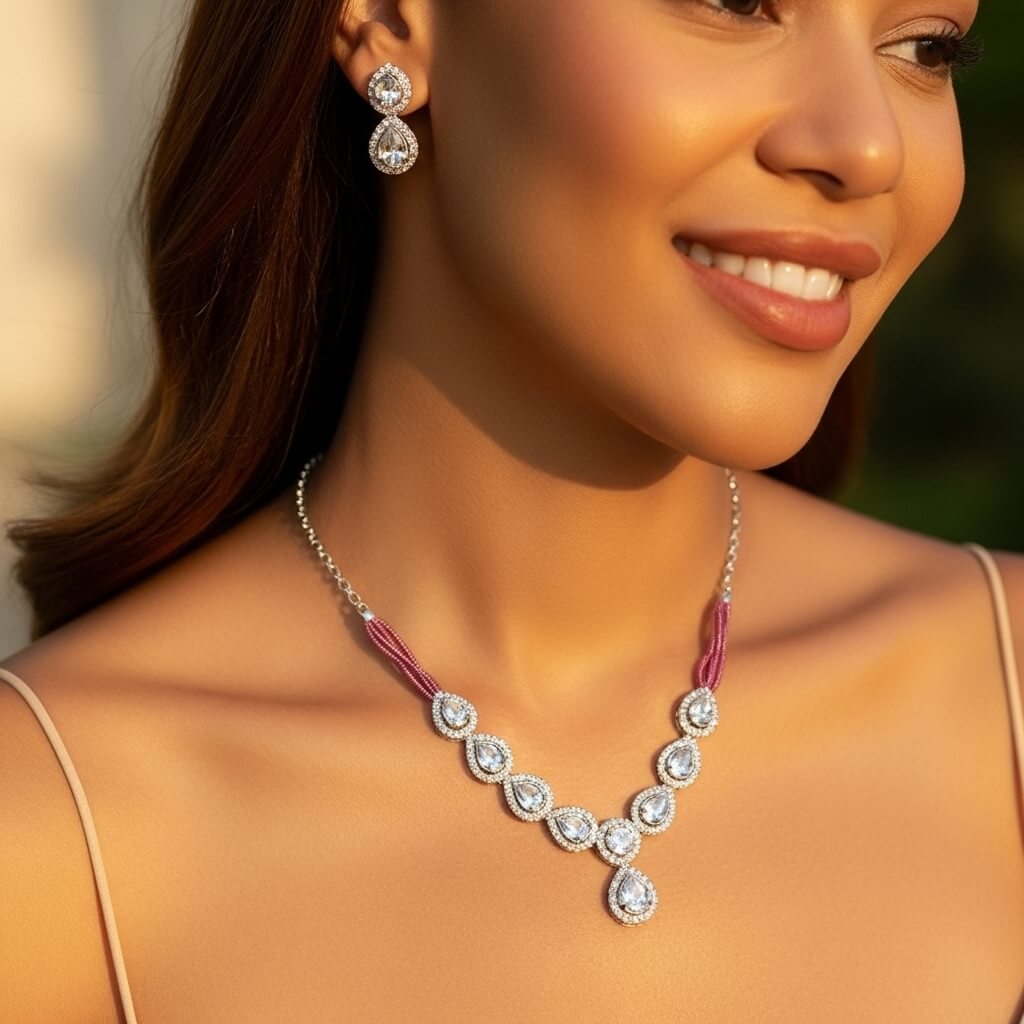 Women Necklace Set Crystals stone on Silver with Pink bread and Chain Necklace