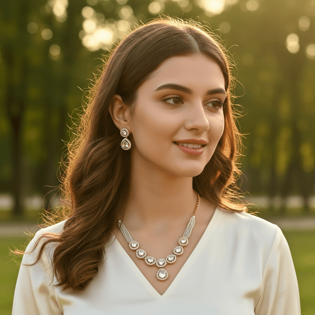 Women Necklace Set Crystals stone on Golden with White bread and Chain Necklace