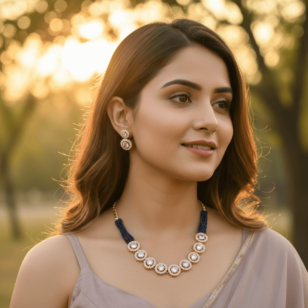 Women Necklace Set Crystals stone on Golden with blue bread and Chain Necklace