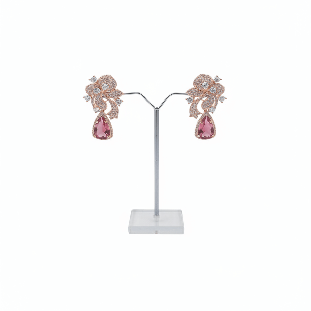 Zirconia Statement Earrings - 18g Golden with Red Gem Stone 