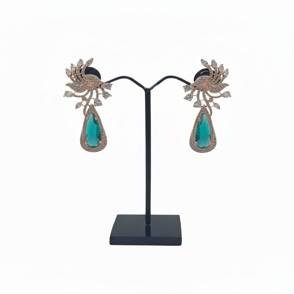 Zirconia Statement Earrings - 18g Golden with Green Gem Stone (6.2cm)