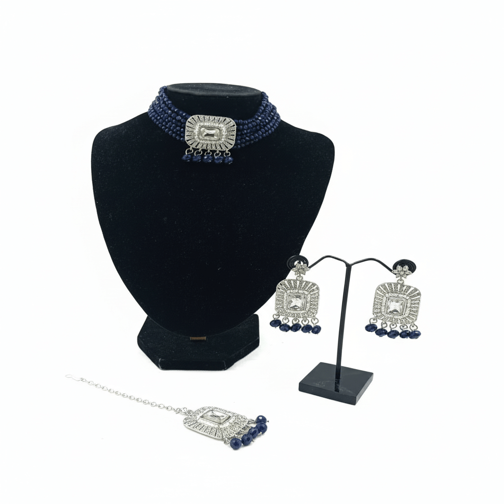 Women Fashion  Choker Necklace Set with bread and crystals stones 