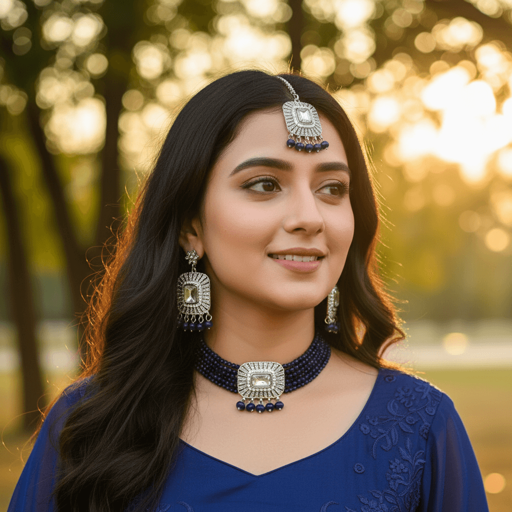 Women Fashion  Choker Necklace Set with bread and crystals stones 