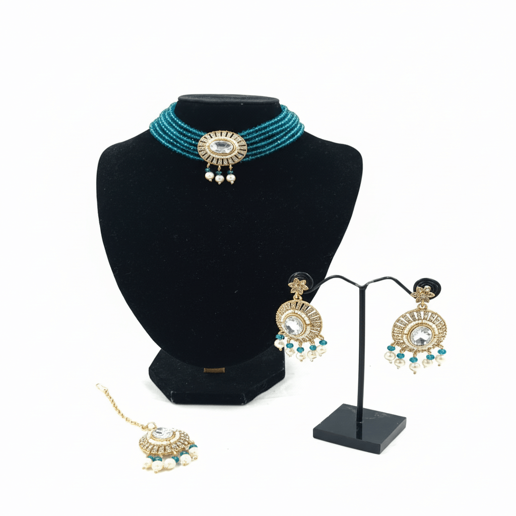 Women Fashion Choker Necklace Set with breads & Crystals