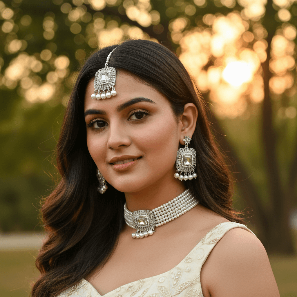 Women Fashion Choker Necklace Set with White Breads & Crystals 