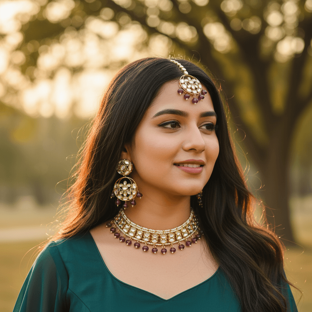 Women Fashion Choker Necklace Set with Purple Crystals Stone on gold