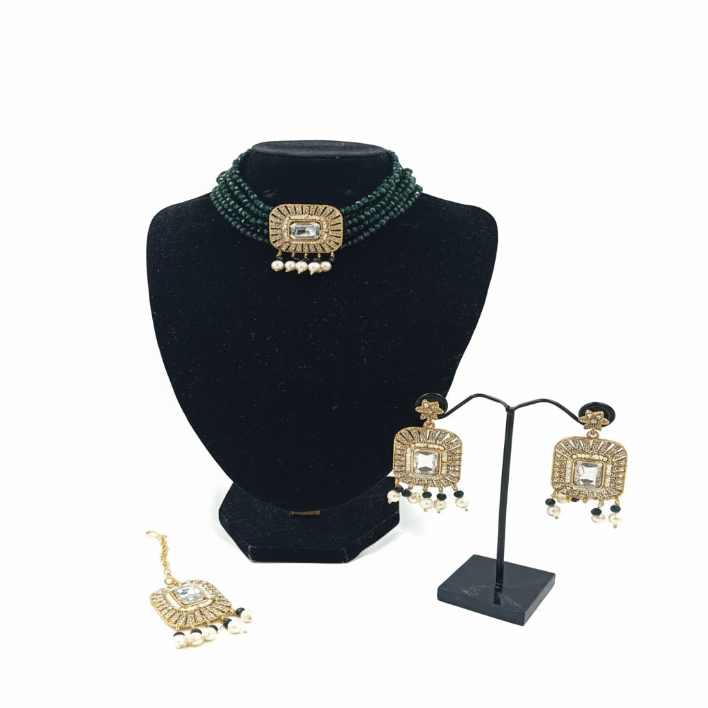 Women Fashion  Choker Necklace Set with White Breads & Crystals - 50g