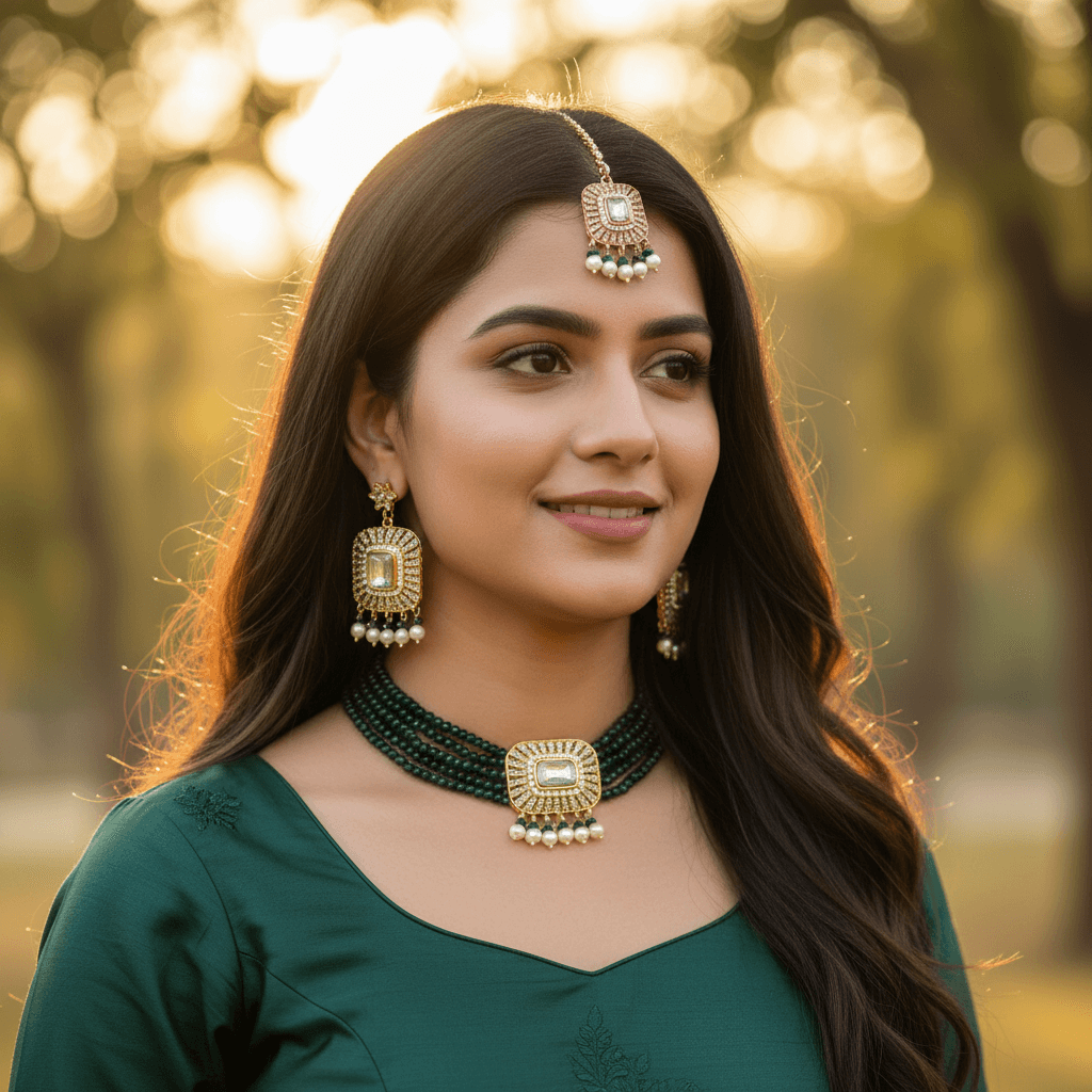 Women Fashion  Choker Necklace Set with White Breads & Crystals - 50g