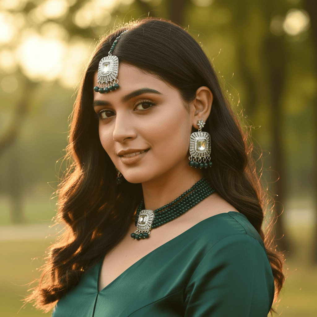 Women Fashion Choker Necklace Set with Deep Green Bread & Crystals -62g