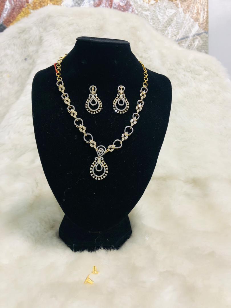Women Gold Round Stone Line Necklace & Drop Earrings Set | RTNS-308-1