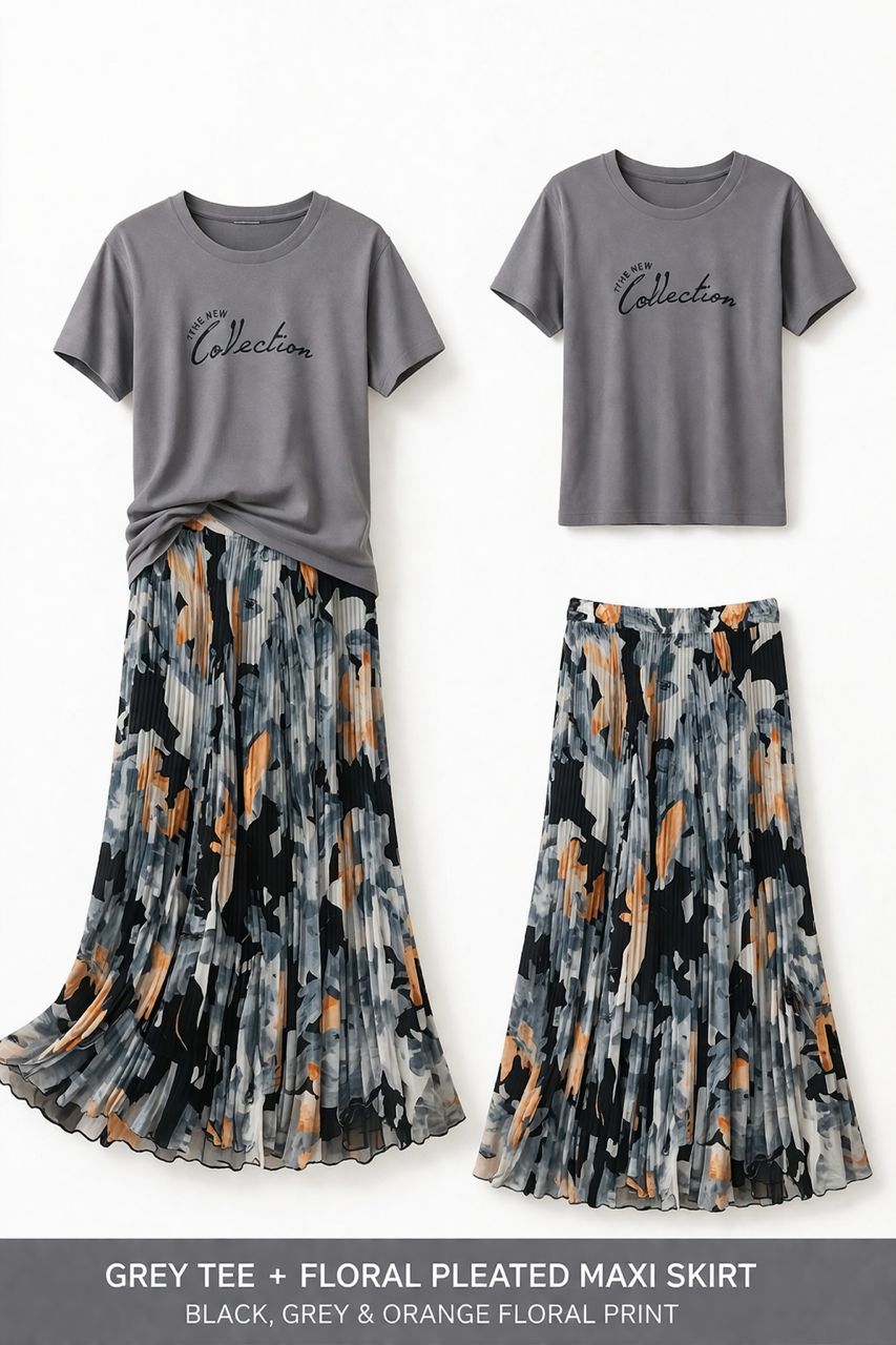 Women Pleated Skirt | NNS-235-1 | Black, Grey and Orange floral prints
