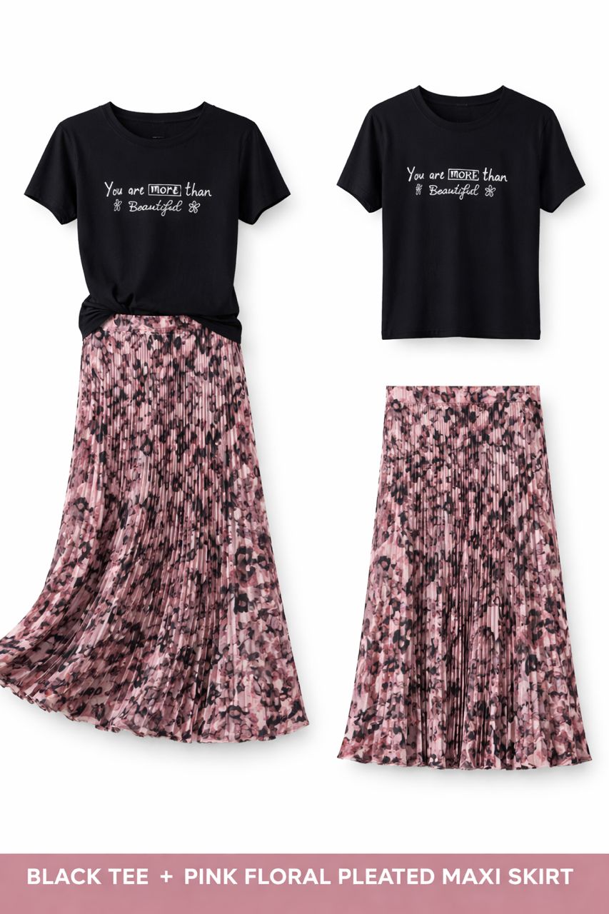 Women Pleated Skirt | NNS-235-1 | Pink Floral Prints